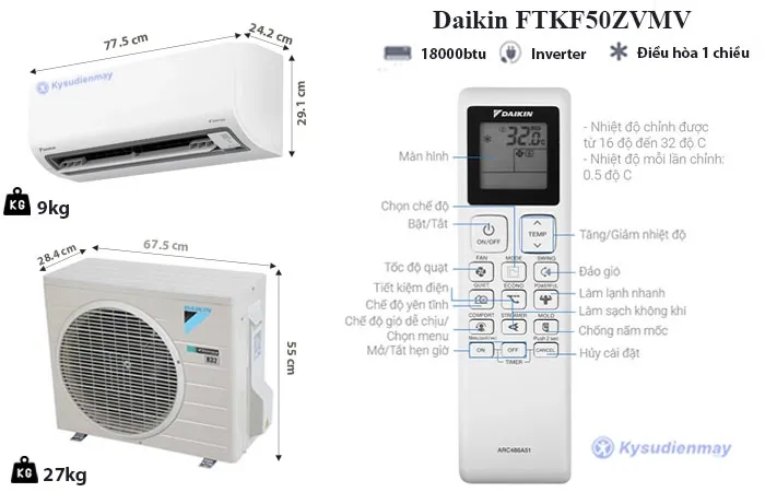 thông số kỹ thuật điều hoà Daikil 18000BTU 1 chiều inverter FTKF50ZVMV